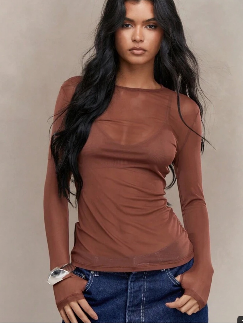 Missguided Brown Sheer Long Sleeve Mesh Top